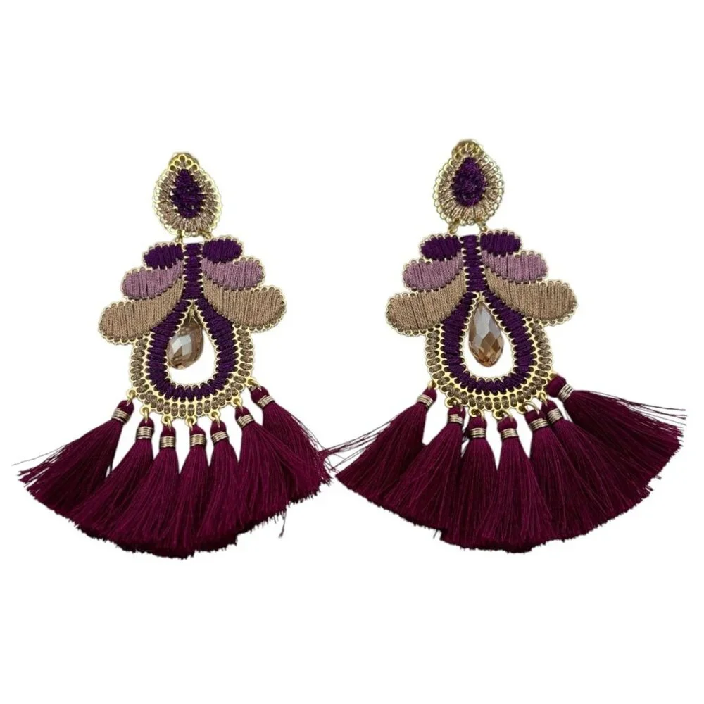 Mercedes Salazar Curubas Drop Earrings Burgundy Tassel Trim Bohemian Clip On - Picture 1 of 9